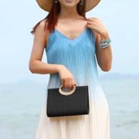 Straw Top Handle Clutch Purse Summer Beach Evening Handbag Women Black - Picture 8 of 9